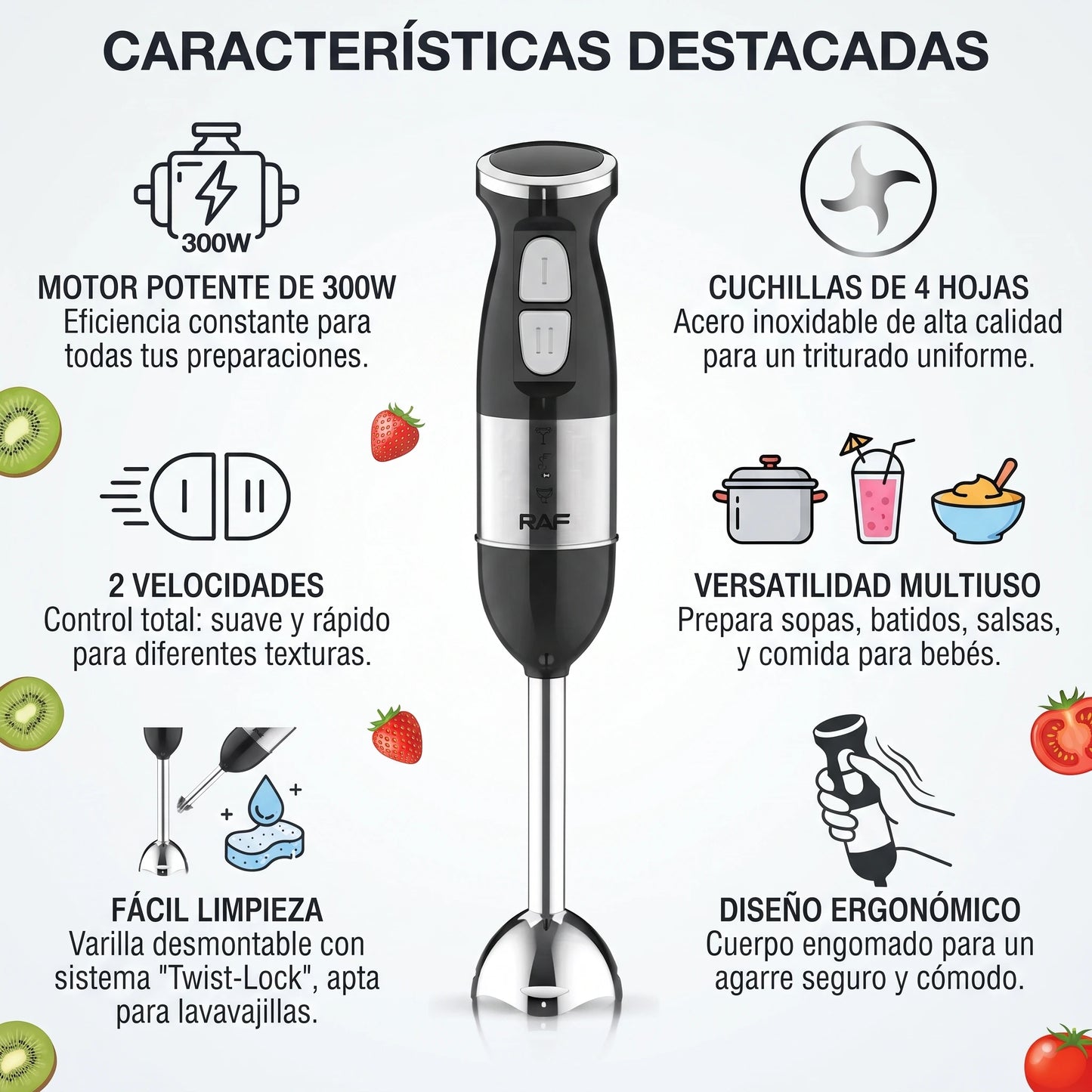 Batidora Inmersión De Mano Triturador Raf 2 Velocidades 300w