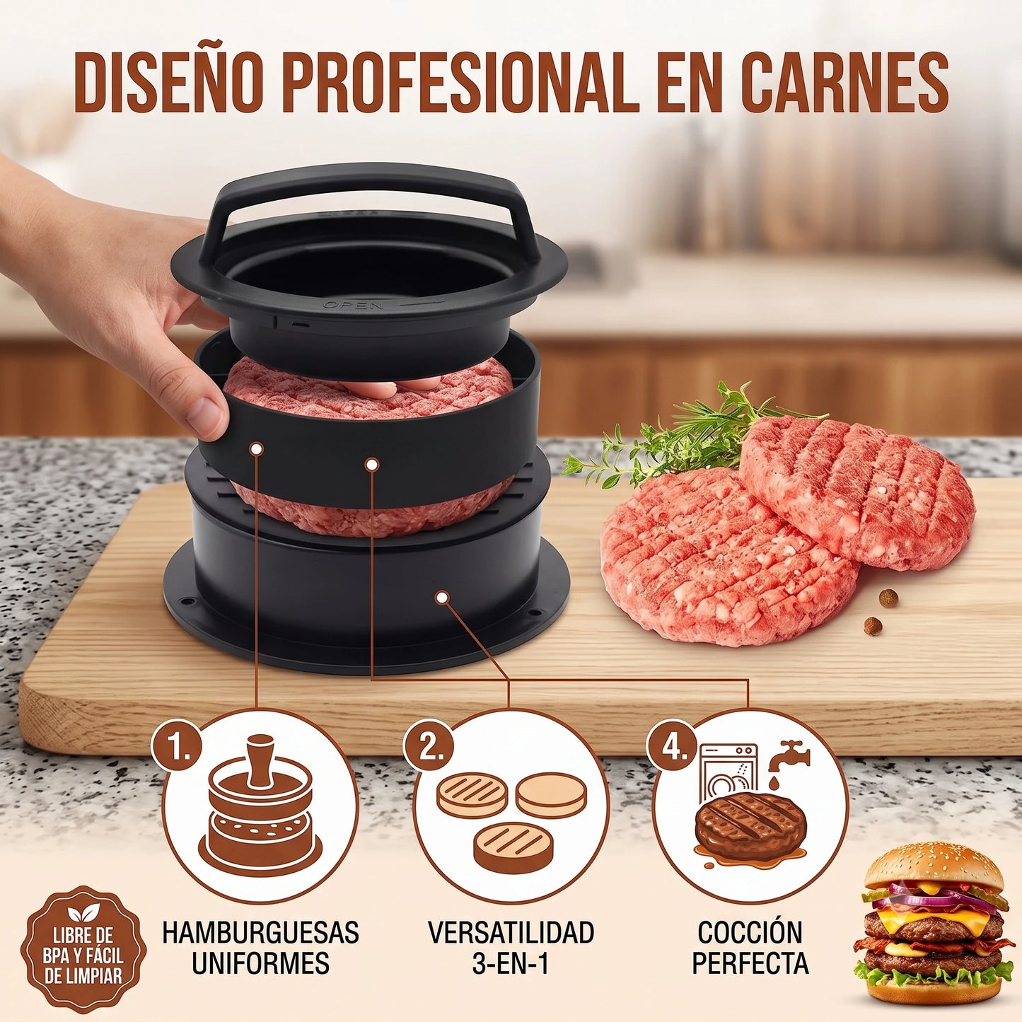 Molde Formador de Carne de Hamburguesa 3 en 1👩🍳🍔