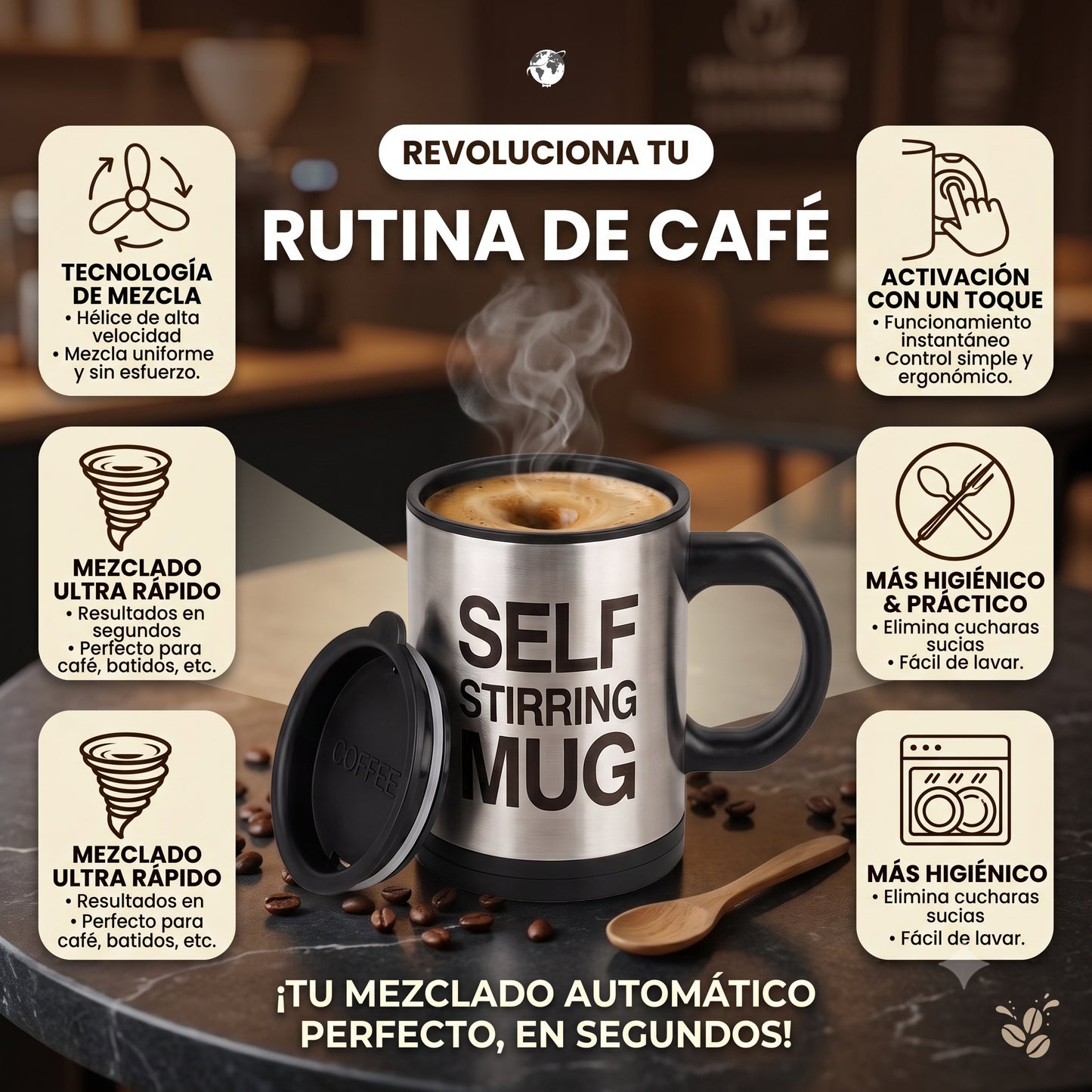 ¡Dile adiós a las cucharillas y a los grumos para siempre! ☕✨ Taza Mezcladora Automática
