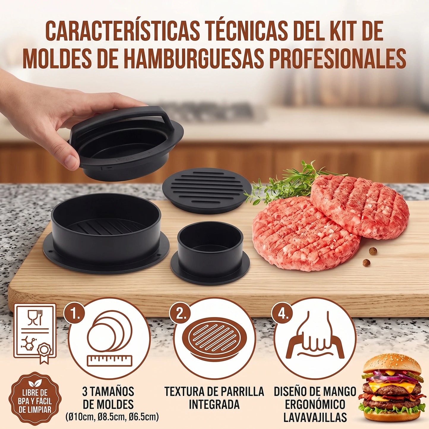 Molde Formador de Carne de Hamburguesa 3 en 1👩‍🍳🍔