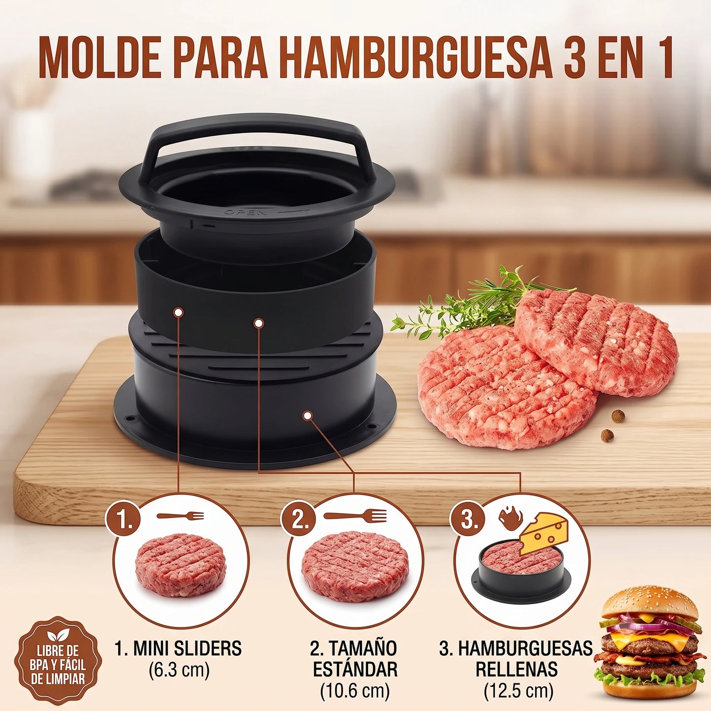 Molde Formador de Carne de Hamburguesa 3 en 1👩‍🍳🍔