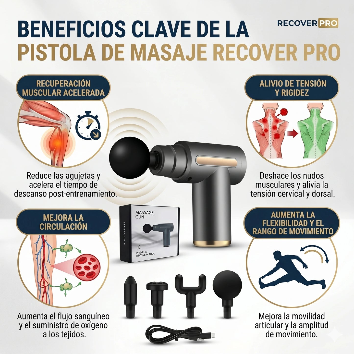 ¡Recupérate como un Profesional!🔥Pistola de Masajes Muscular RECOVER PRO🚀