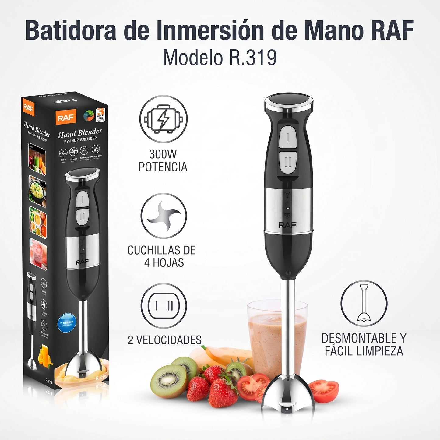 Batidora Inmersión De Mano Triturador Raf 2 Velocidades 300w