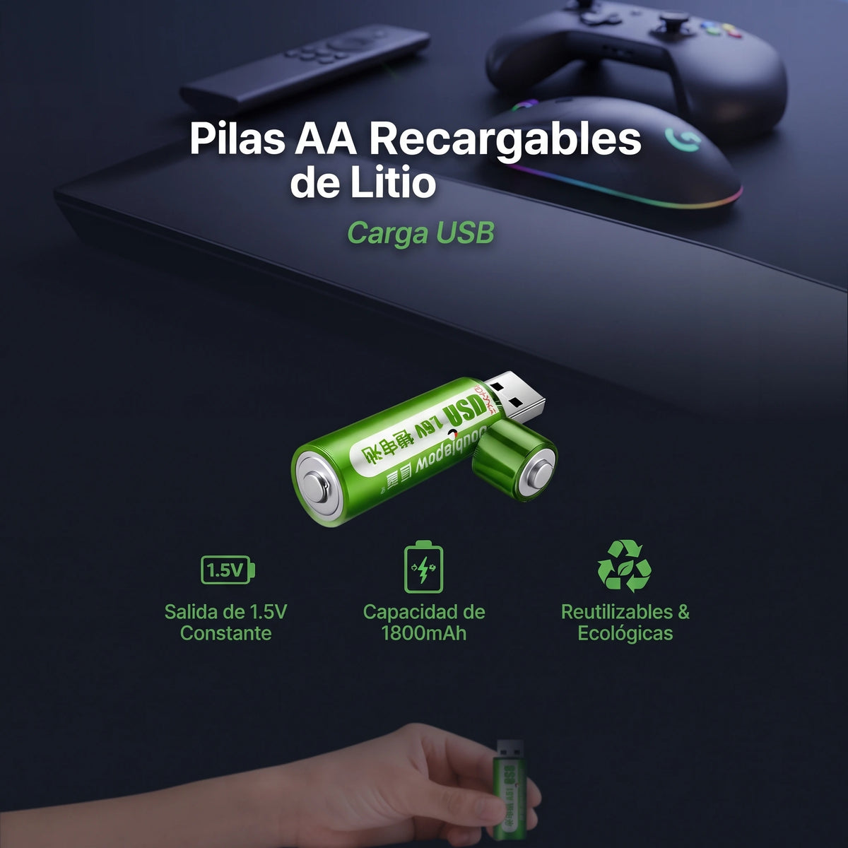 Pilas AA Recargables USB 4 unidades