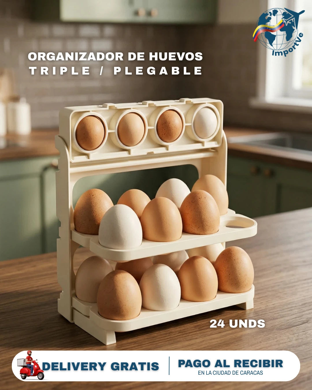 🥚 ¡tu Nevera con Estilo! – Organizador de Huevos Triple Plegable (24Unds)